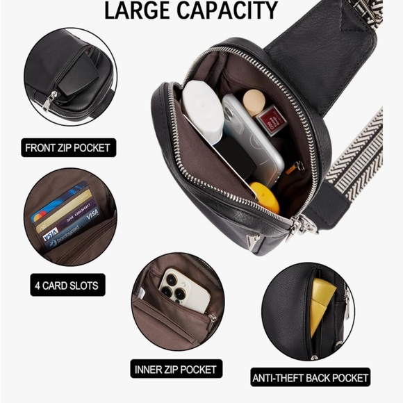 Chic Black Crossbody Bag with Patterned Strap - Picture 3 of 9